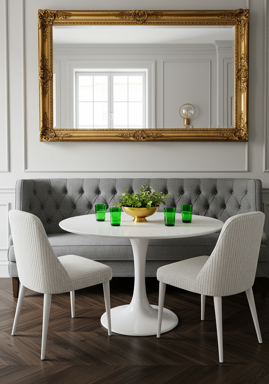 Dining area with metallic, reflective accent wall with gold framed mirror layered on top.