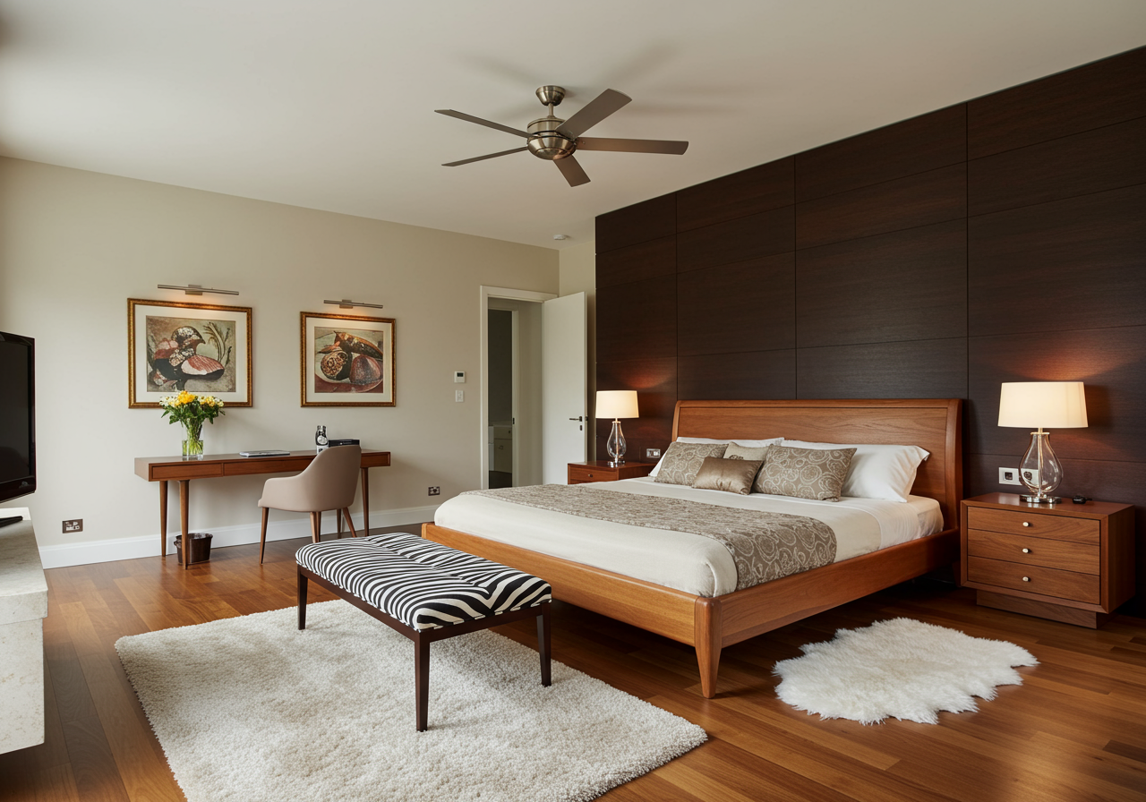 Bedroom with a wooden platform bed, dark paneled wall, and striped bench.