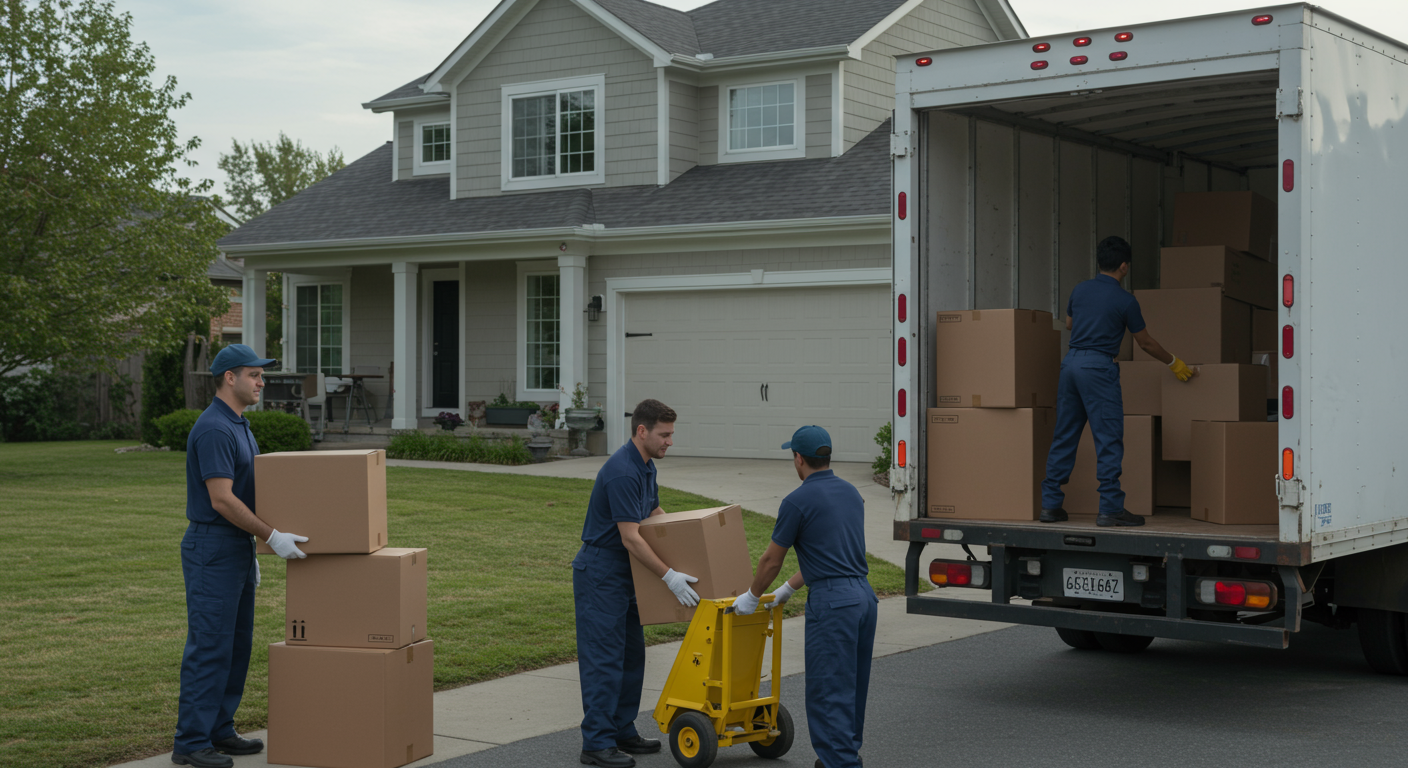 Professional movers loading boxes into a truck.