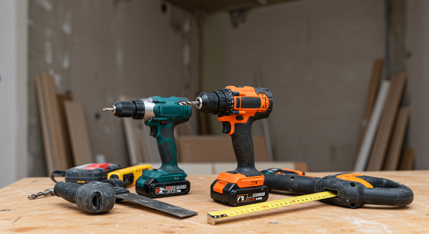  Some power tools placed on a table.