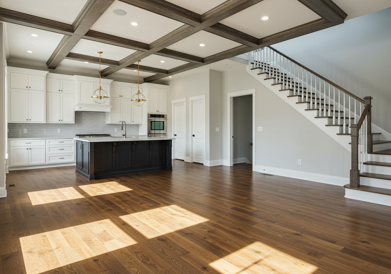 Open kitchen with a dark island, coffered ceiling, hardwood floors, and staircase.