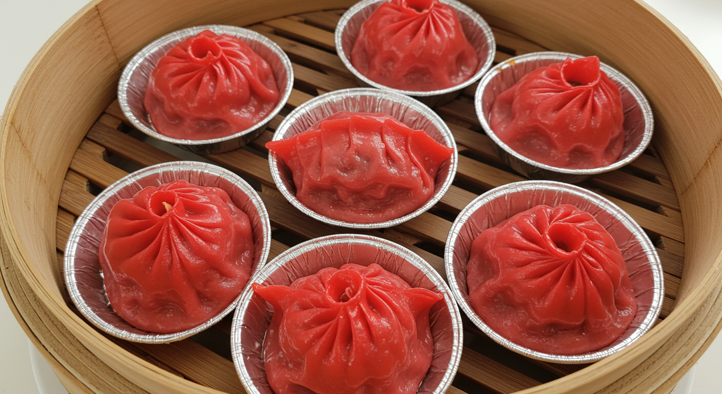 Red pleated steamed dumplings in foil cups inside a bamboo steamer.