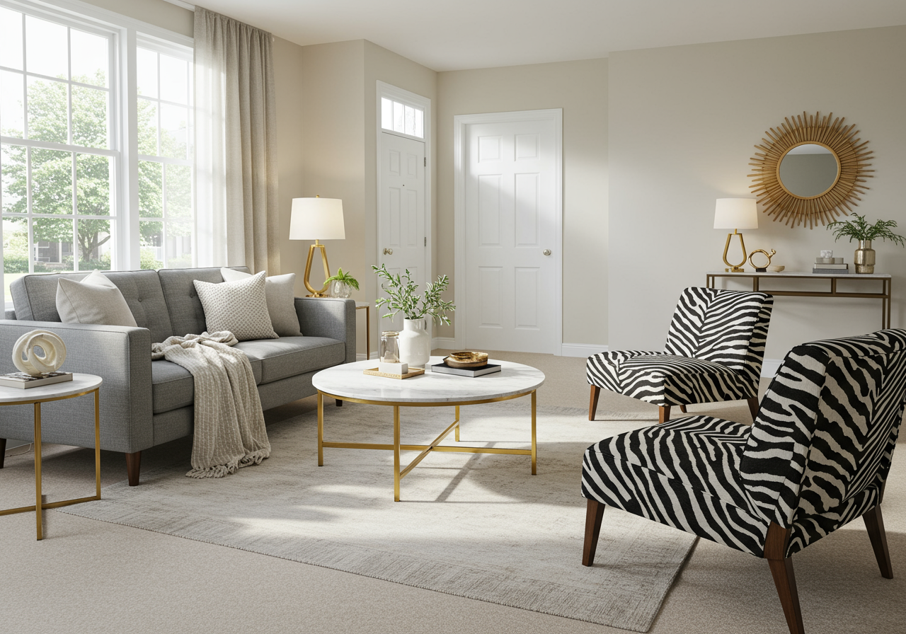 Staged living room with a gray sofa, zebra-patterned chairs, and a marble coffee table.
