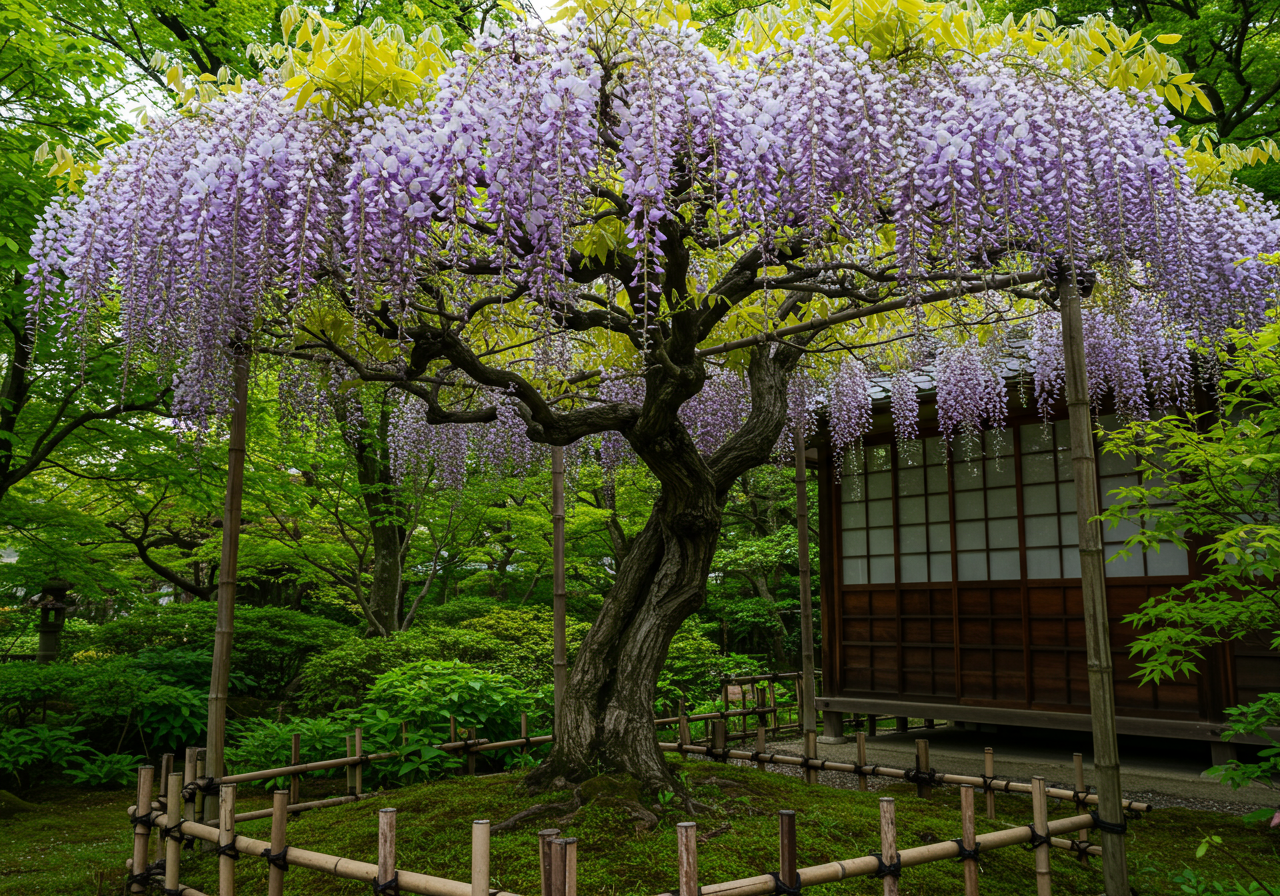 wisteria purple flowers tree over fence