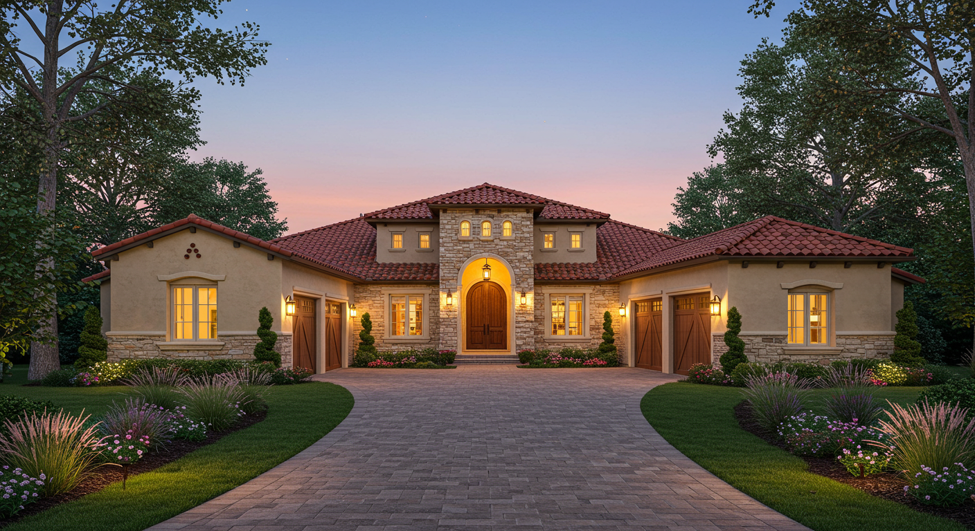 The front of a home at twilight, showing glowing lights inside the house.