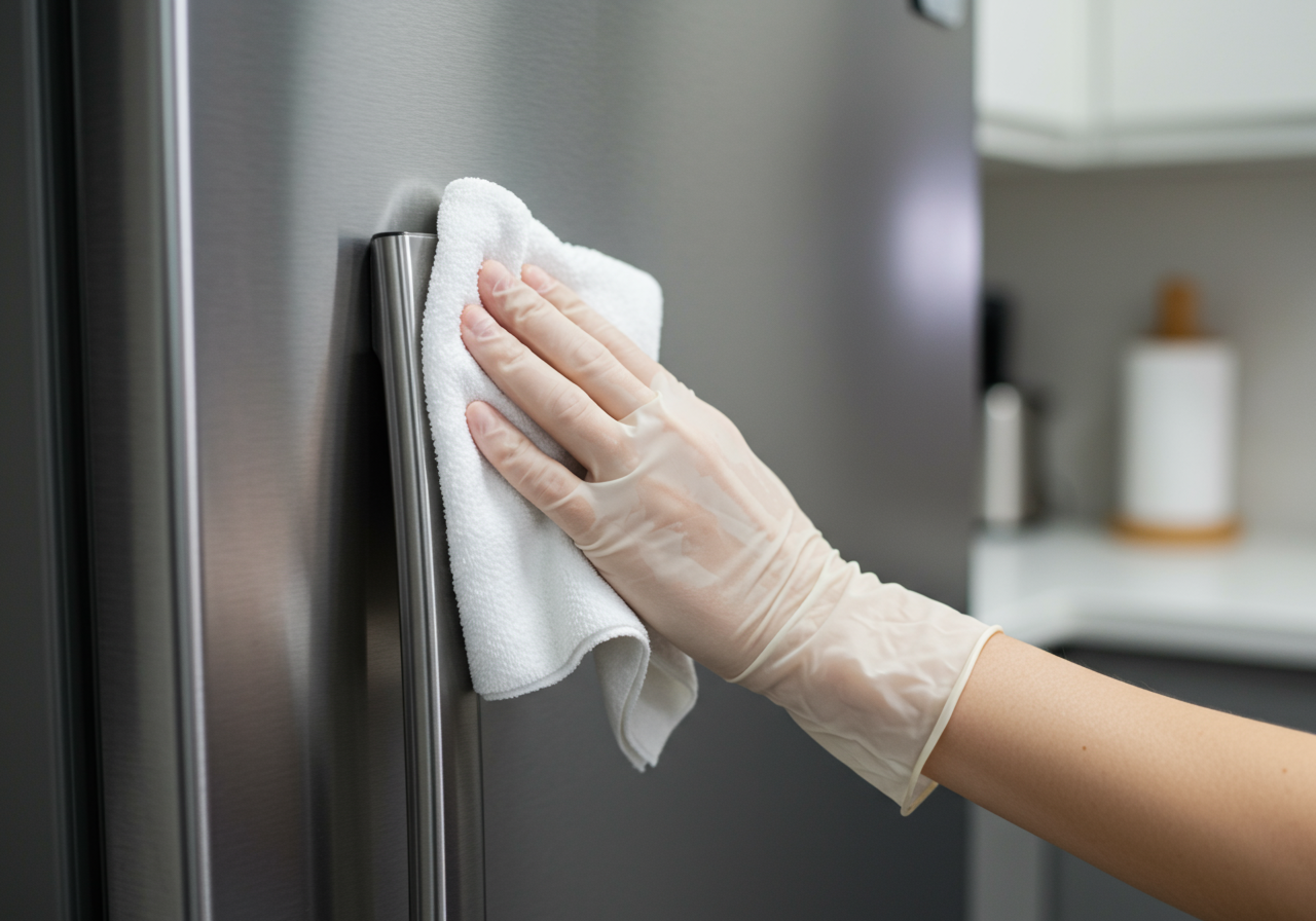 Woman Cleans refrigerator Handle Using Disinfectant Wipe, Coronavirus concept, COVID-19