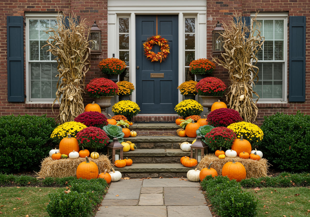 Traditional brick colonial dressed up for fall with colorful mums and harvest gourds