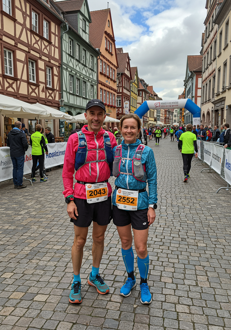 34 km entrants Ra&uacute;l Rodriguez and Lorena Garcia from Spain in Barr, Alsace, France