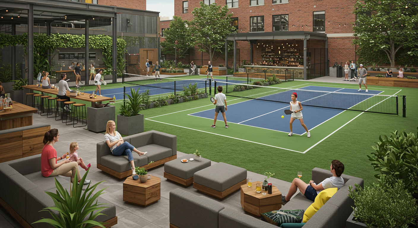 Exterior courts and a bar.