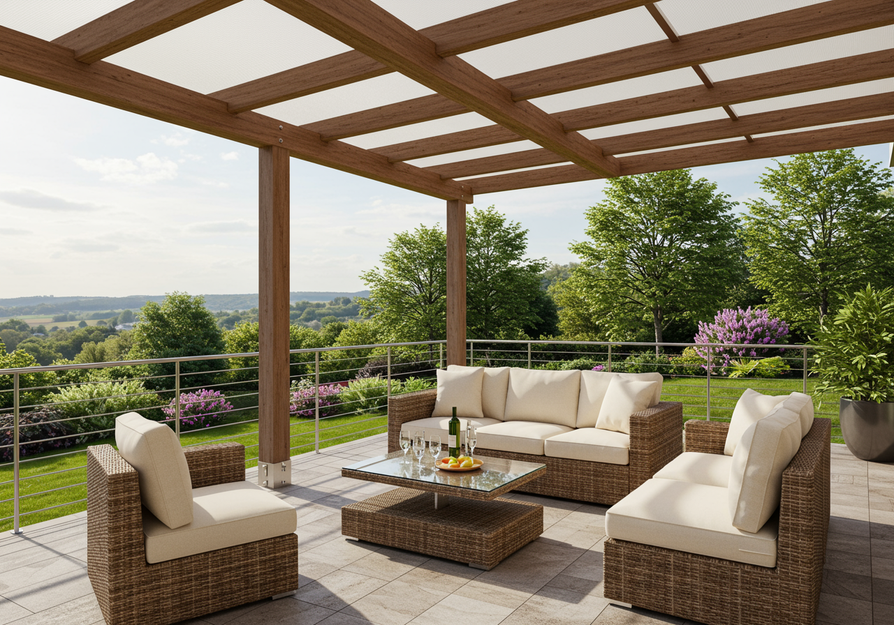 Outdoor terrace with wooden pergola, wicker seating, and views over a garden and wooded hills.