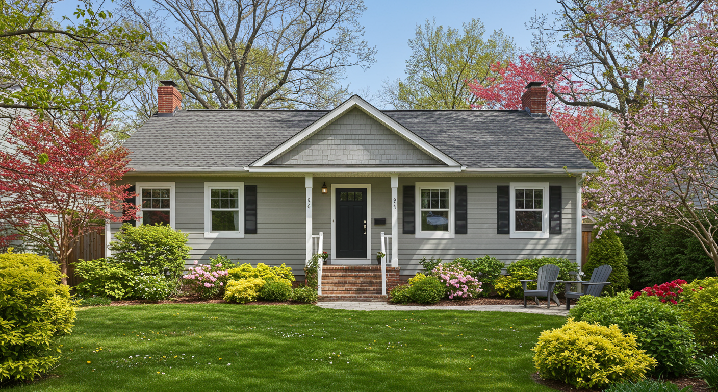 a house with a well-maintained lawn and flower garden.