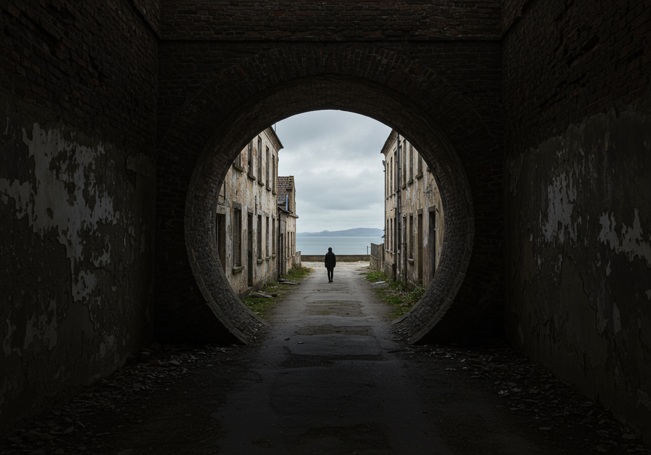 a person walking through an old stone tunnel