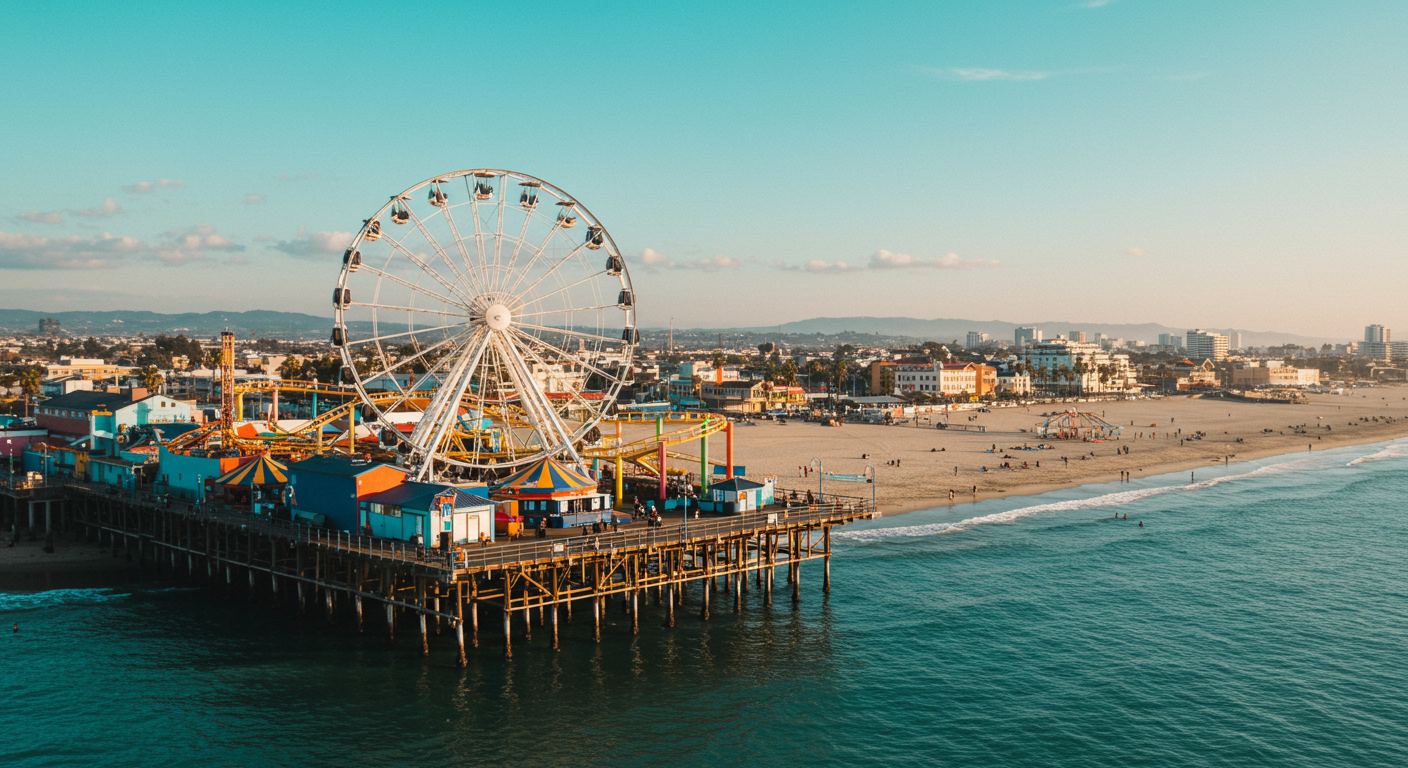 Famous Santa Monica ferris wheel amusement park in sunset ligh