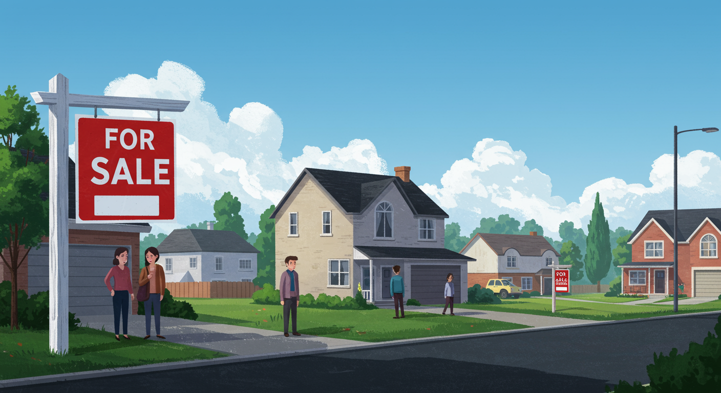Illustrated suburban neighborhood with homes for sale and people on the sidewalk.