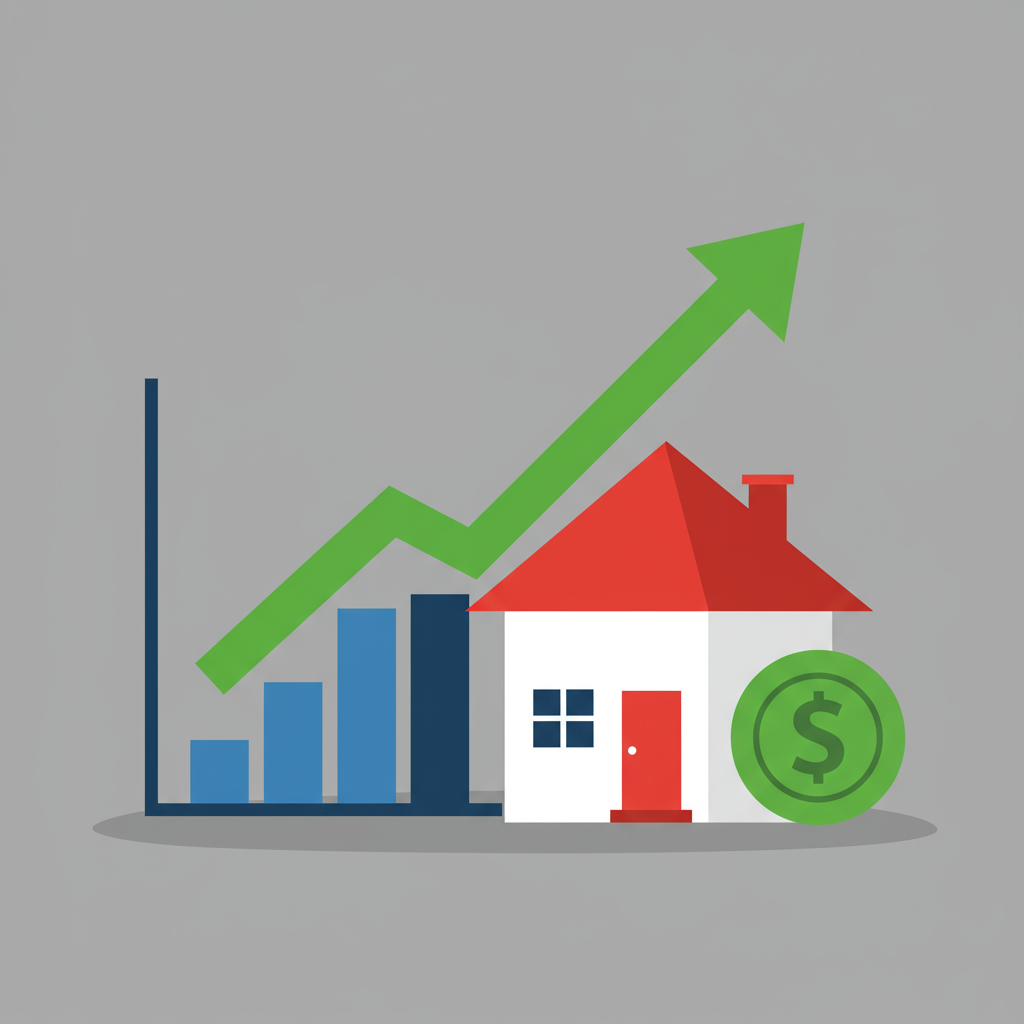 Illustration of a house beside a rising chart and dollar coin