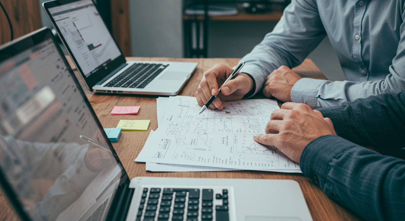Two professionals collaborating at a desk with laptops, reviewing notes on a document.