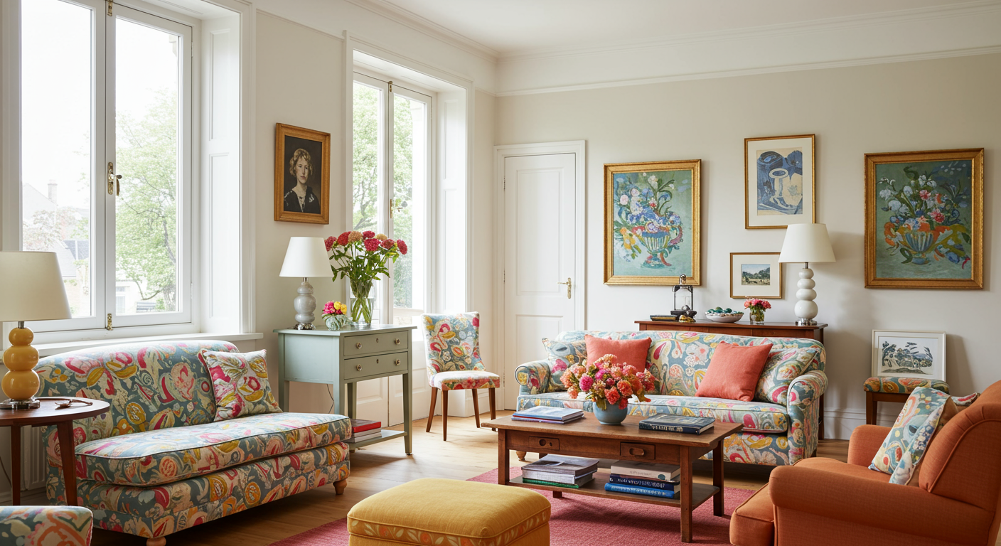 Bright living room with colorful patterned sofas, large windows, flowers, and framed artwork.