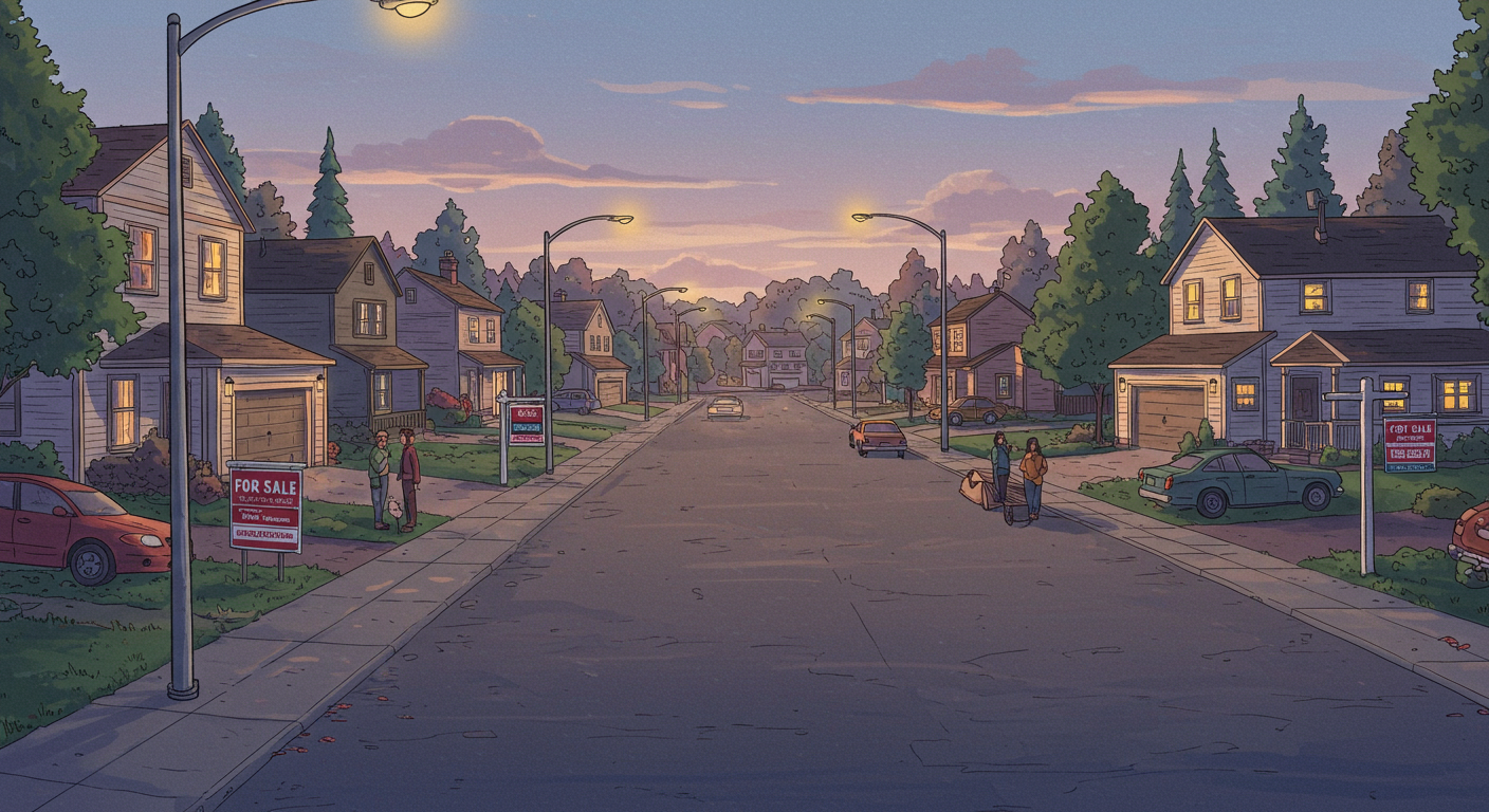 Suburban street at dusk with detached homes, glowing streetlights, and homes for sale.