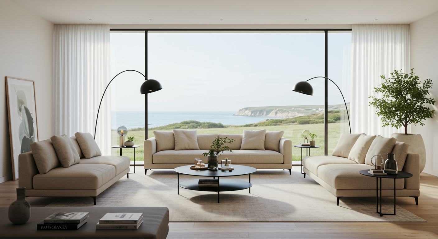a living room with a view of the ocean