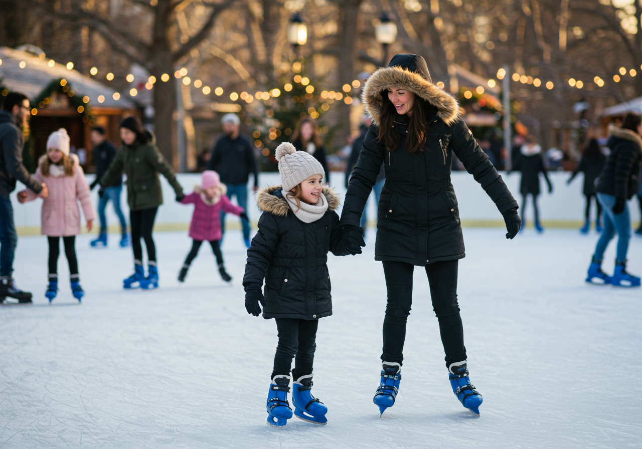 A woman and young girl ice skate together at an outdoor rink