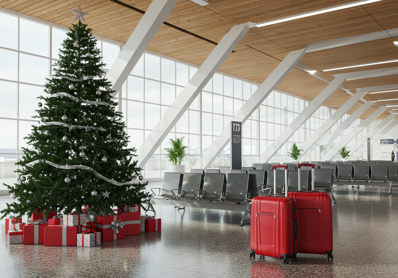 Waiting Area In Airport With Luggages Near The Seats, Christmas Tree, Ornaments, Gift Boxes And Blurred Background