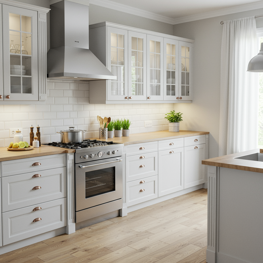 Close-up of modern cabinet handles on kitchen cabinets