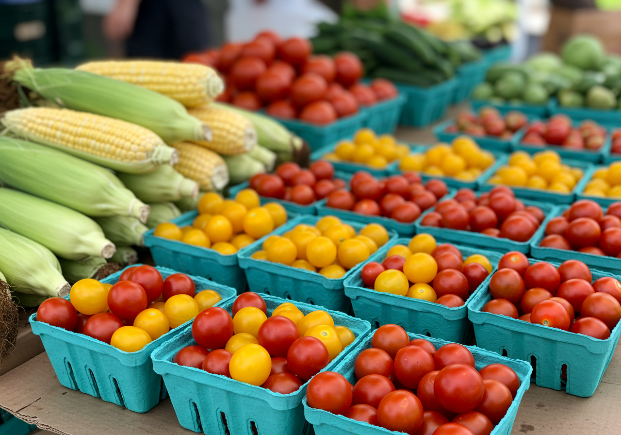 Red and yellow tomatoes in turquoise cartons beside fresh ears of corn.