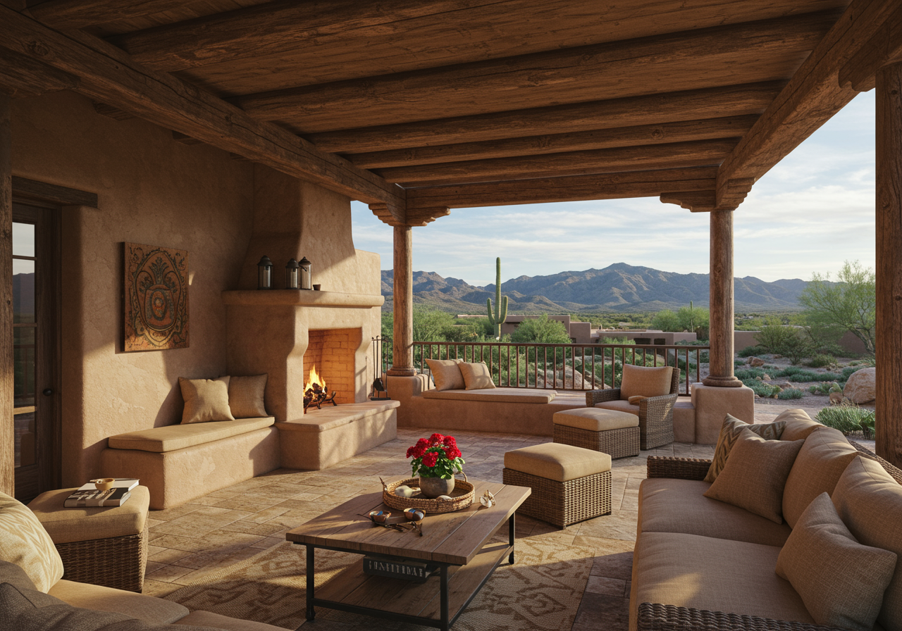 Rustic outdoor living area with wood ceiling, stone fireplace, and panoramic mountain views.