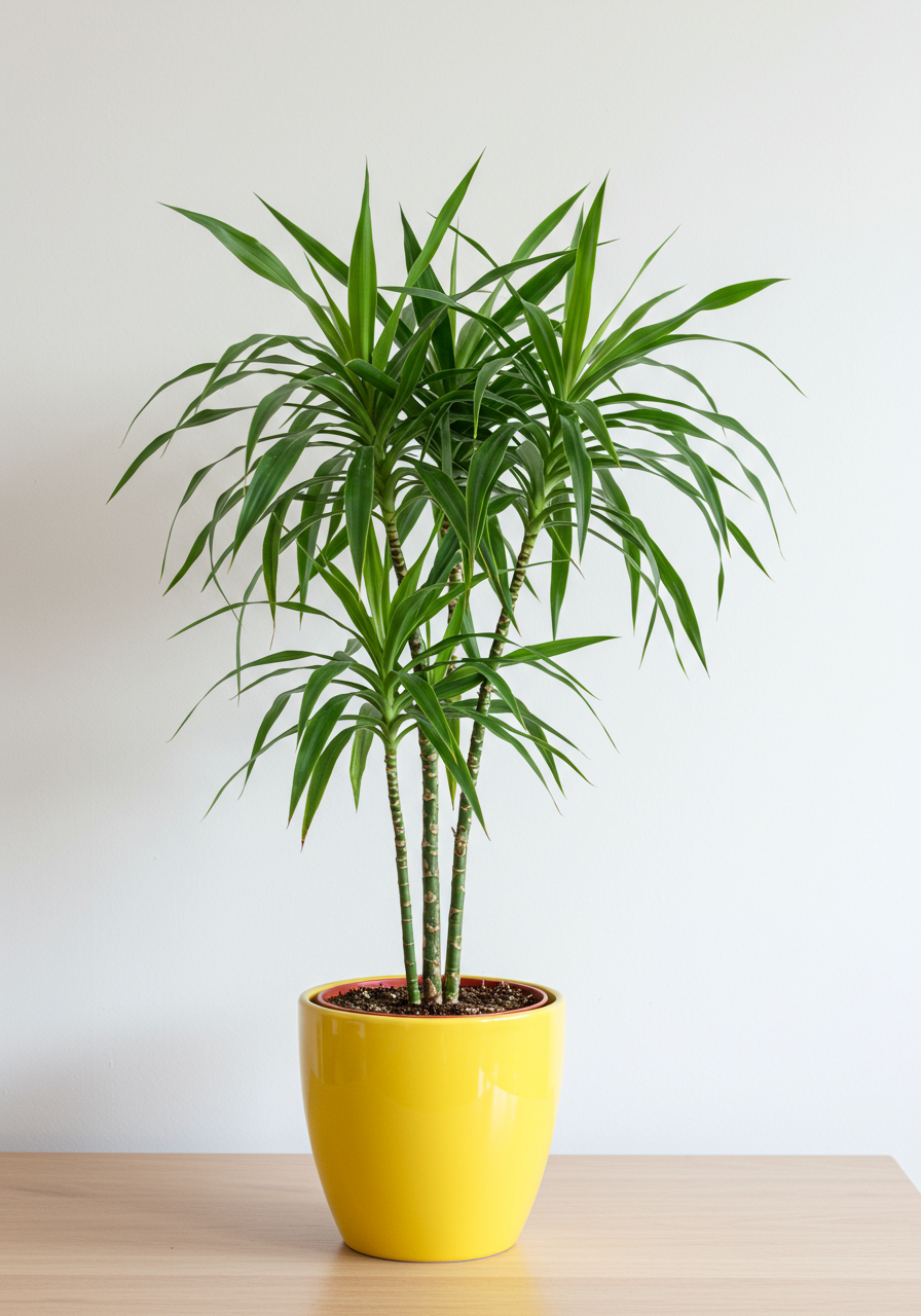 A dracaena janet craig plant in a yellow pot