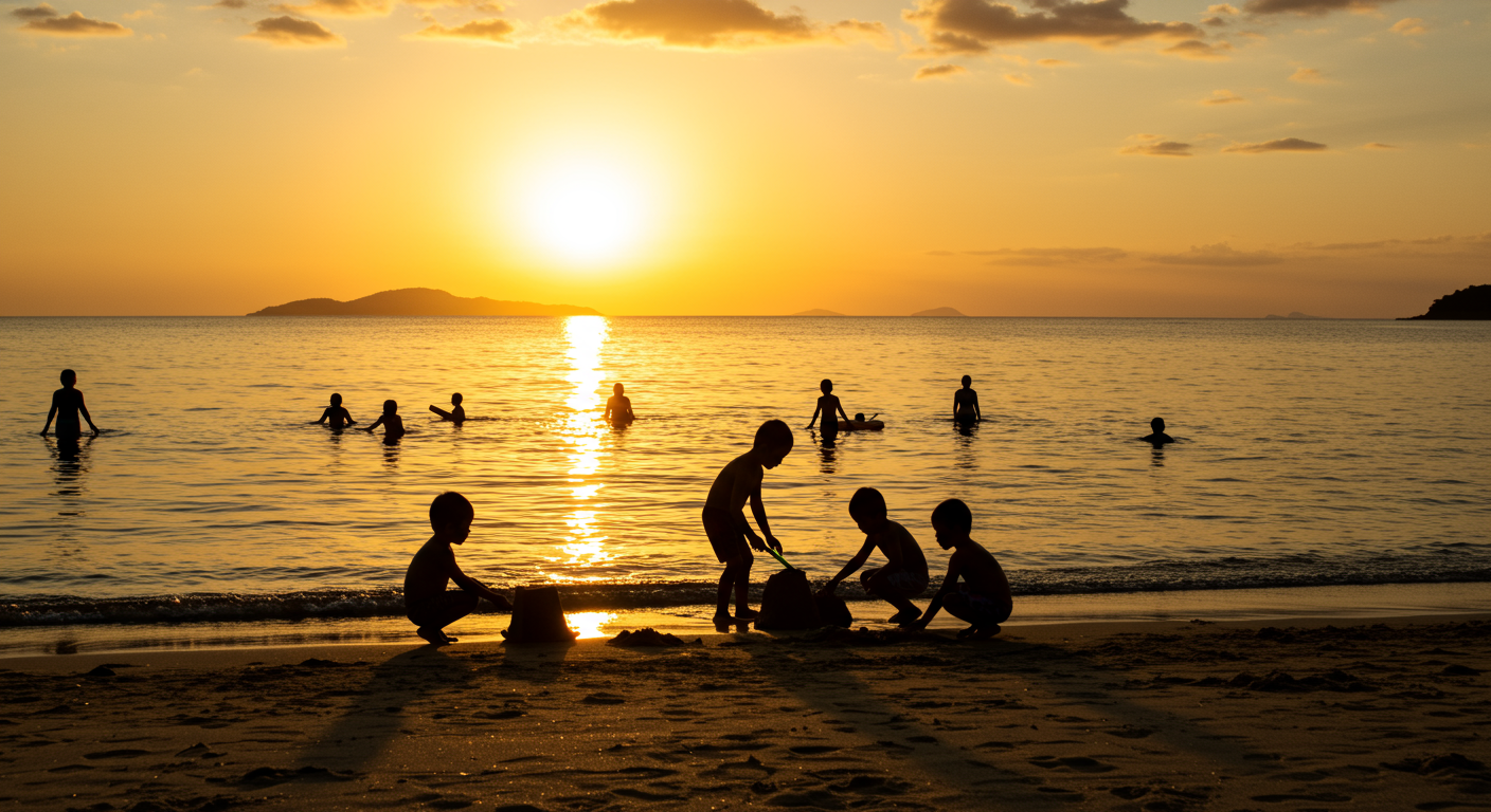 kids play on beach during sunset on maui