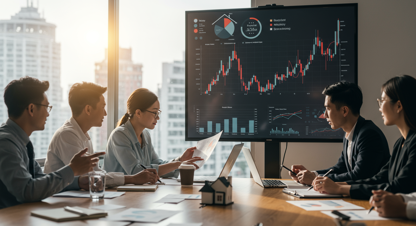 Colleagues review financial charts around a conference table in a bright city office.
