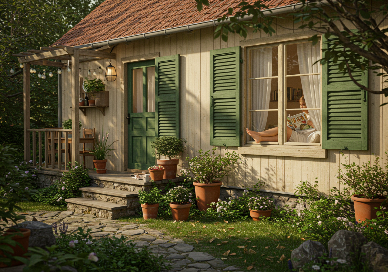 Cottage exterior with green shutters, flower pots, stone steps, and a person reading by an open window.