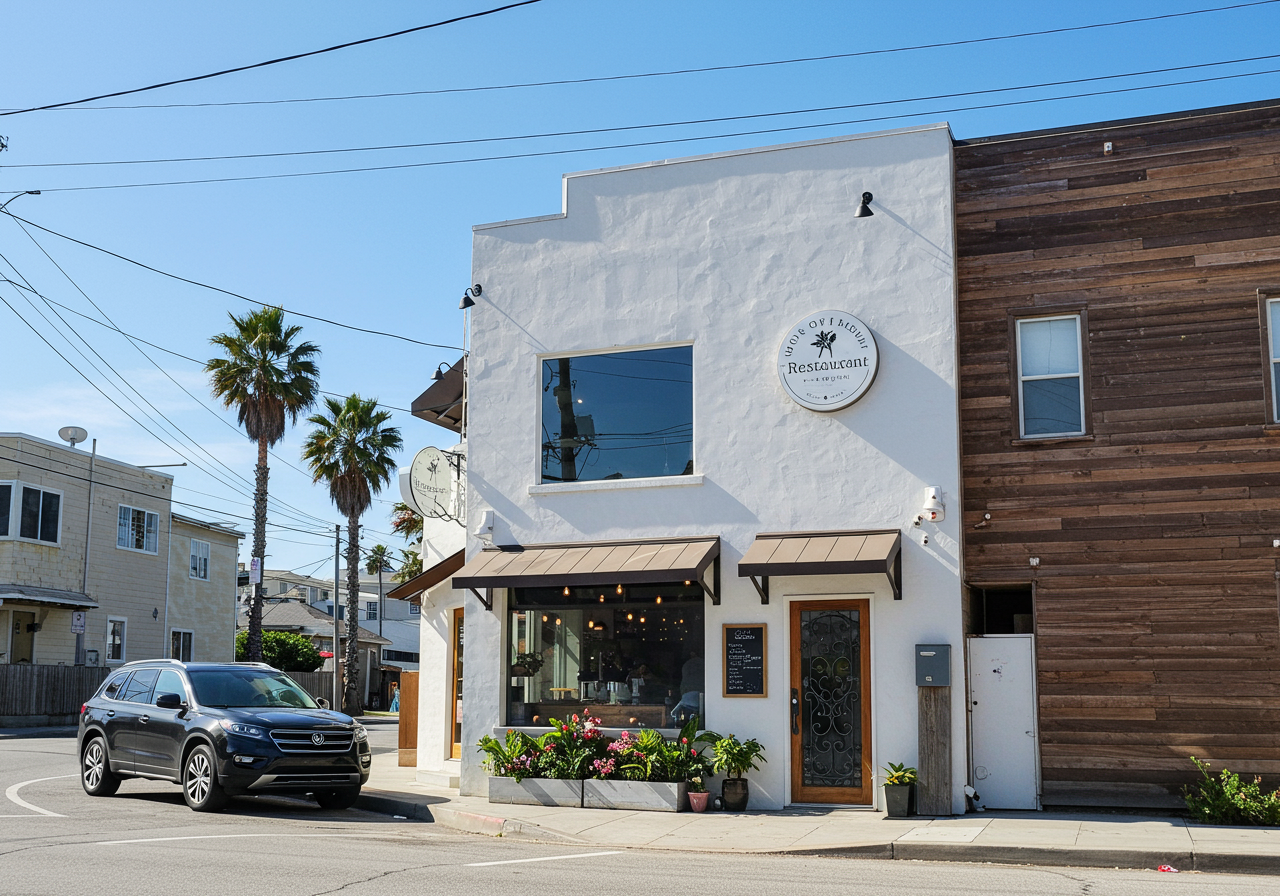 The Dock restaurant entrance on a quiet street in Newport Beach, California.