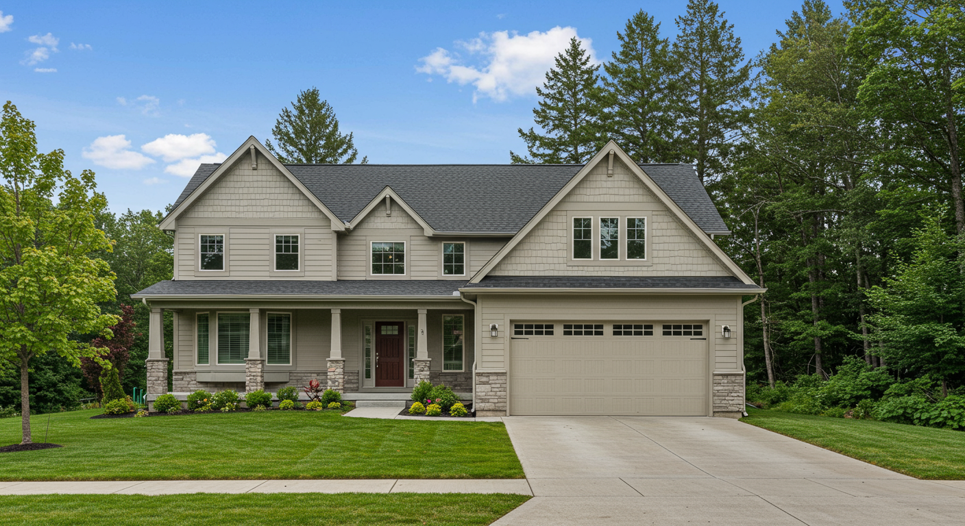 Two-story beige home with a covered porch, stone accents, and an attached two-car garage.
