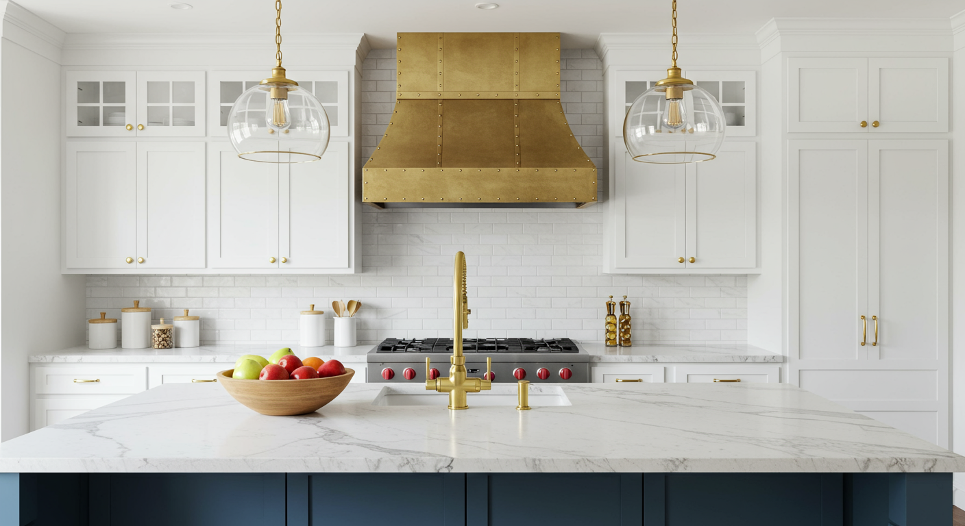 White kitchen with blue island and brass cooker hood