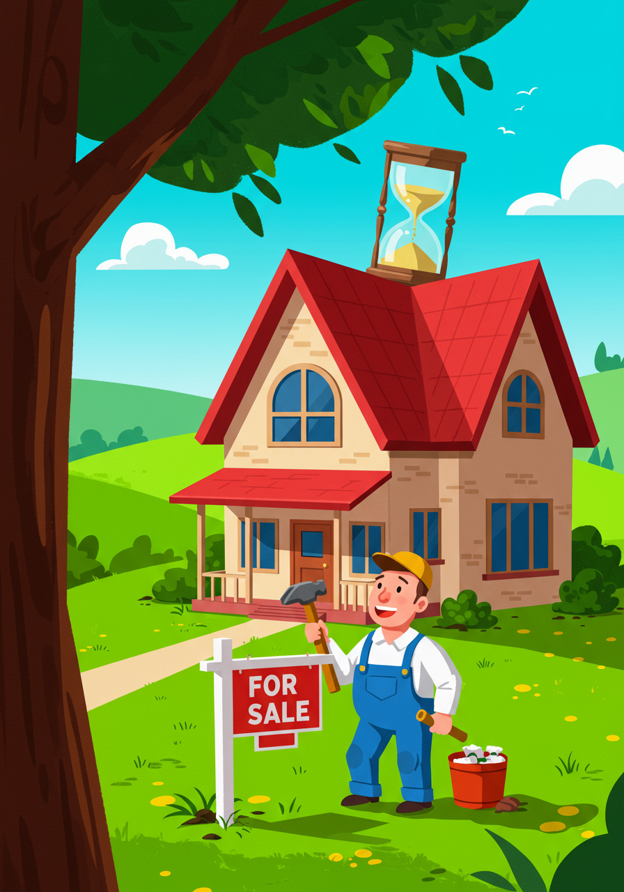 Two-story house with a red roof, a “FOR SALE” sign, and an hourglass above the roof.