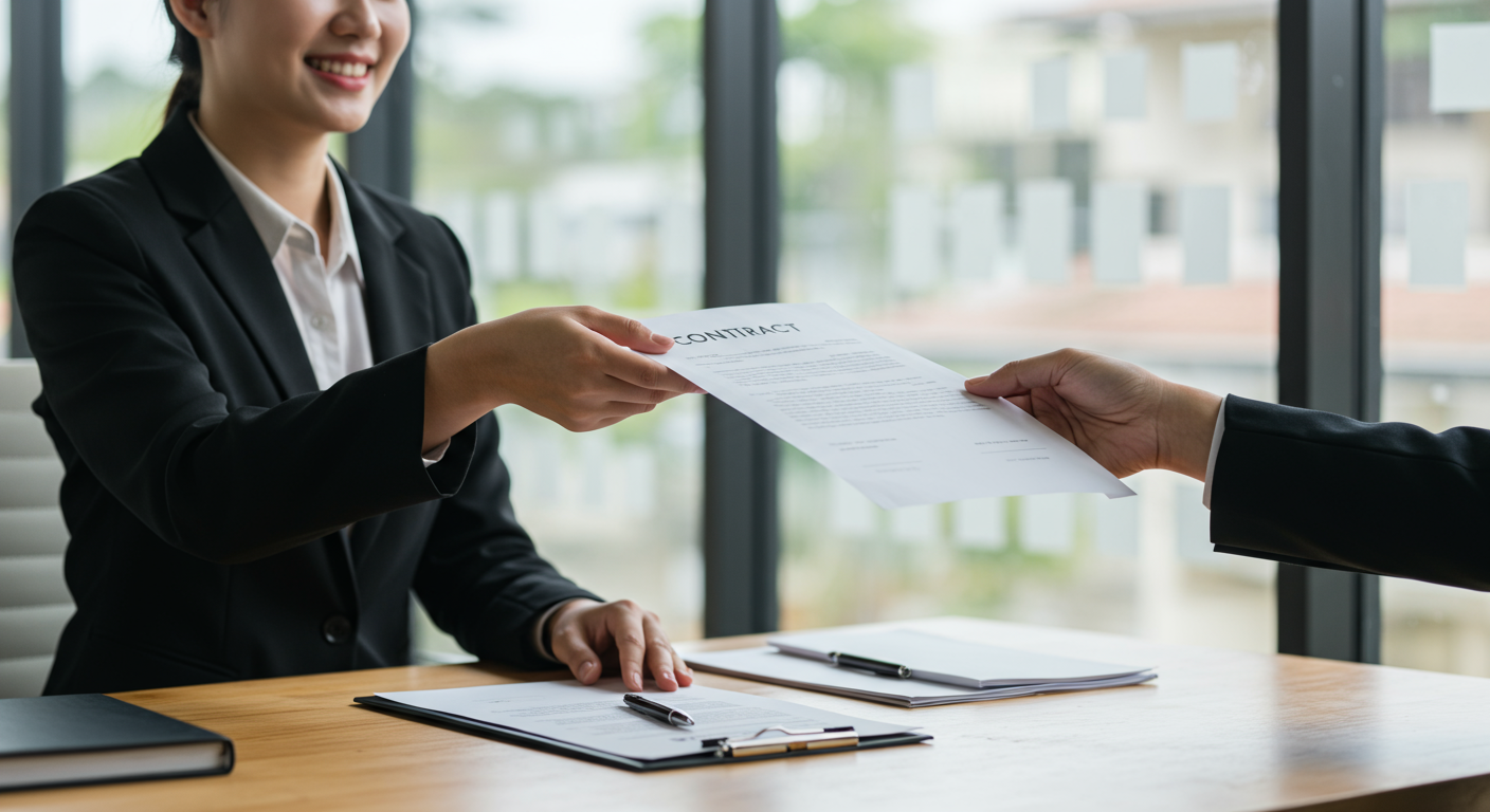 Businessman giving a contract to a woman to sign