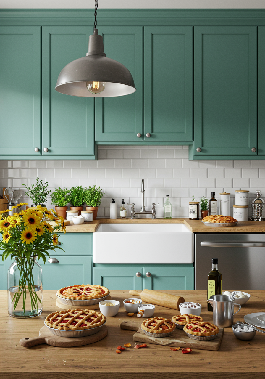 small kitchen ideas, all blue kitchen with wood countertop table and stools