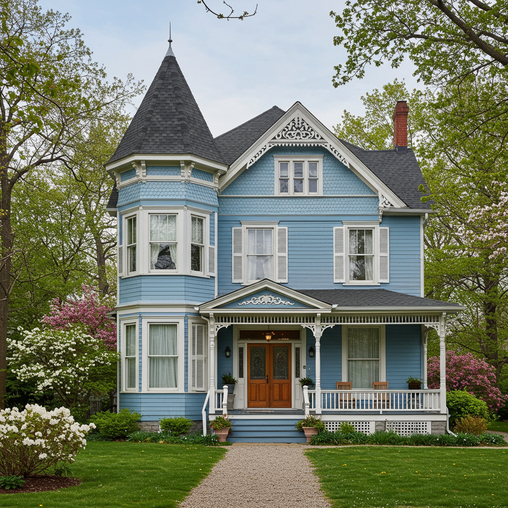 what's a victorian home - victorian exterior with porch and blue paint