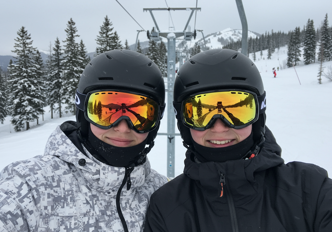Two skiers pose for a selfie beneath a chairlift on a snowy mountain.