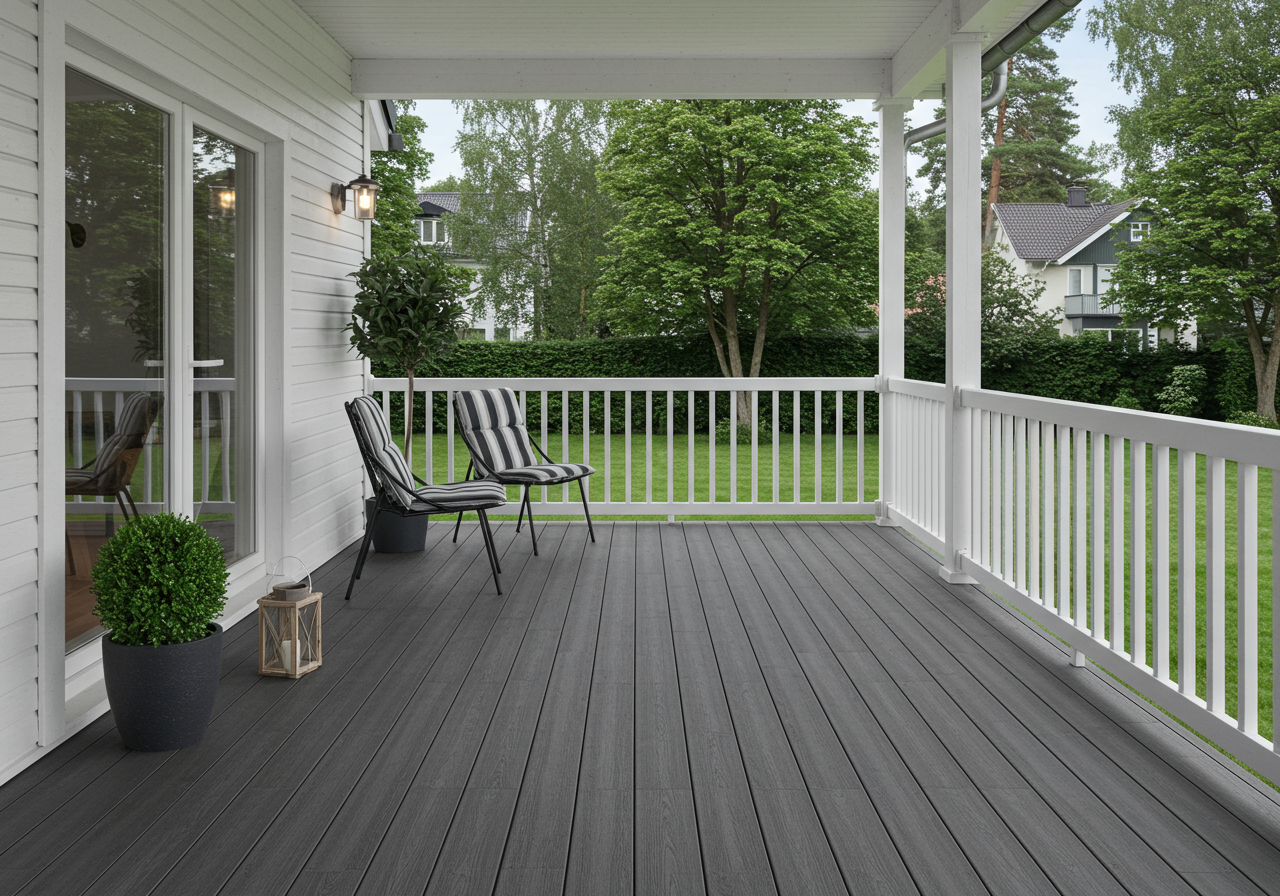 Covered porch with gray decking, striped chairs, white railings, and a leafy yard beyond.