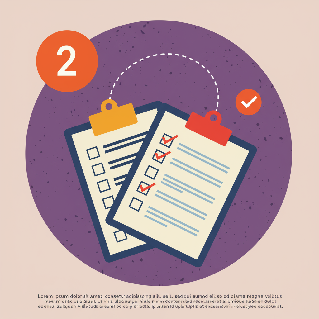 Numbered checklist illustration with two overlapping forms, checked boxes, and an orange checkmark.