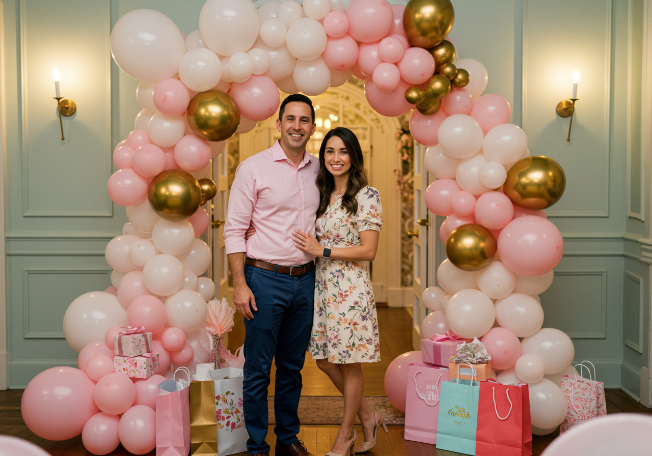 Smiling couple beneath a pink, white, and gold balloon arch at a baby shower.