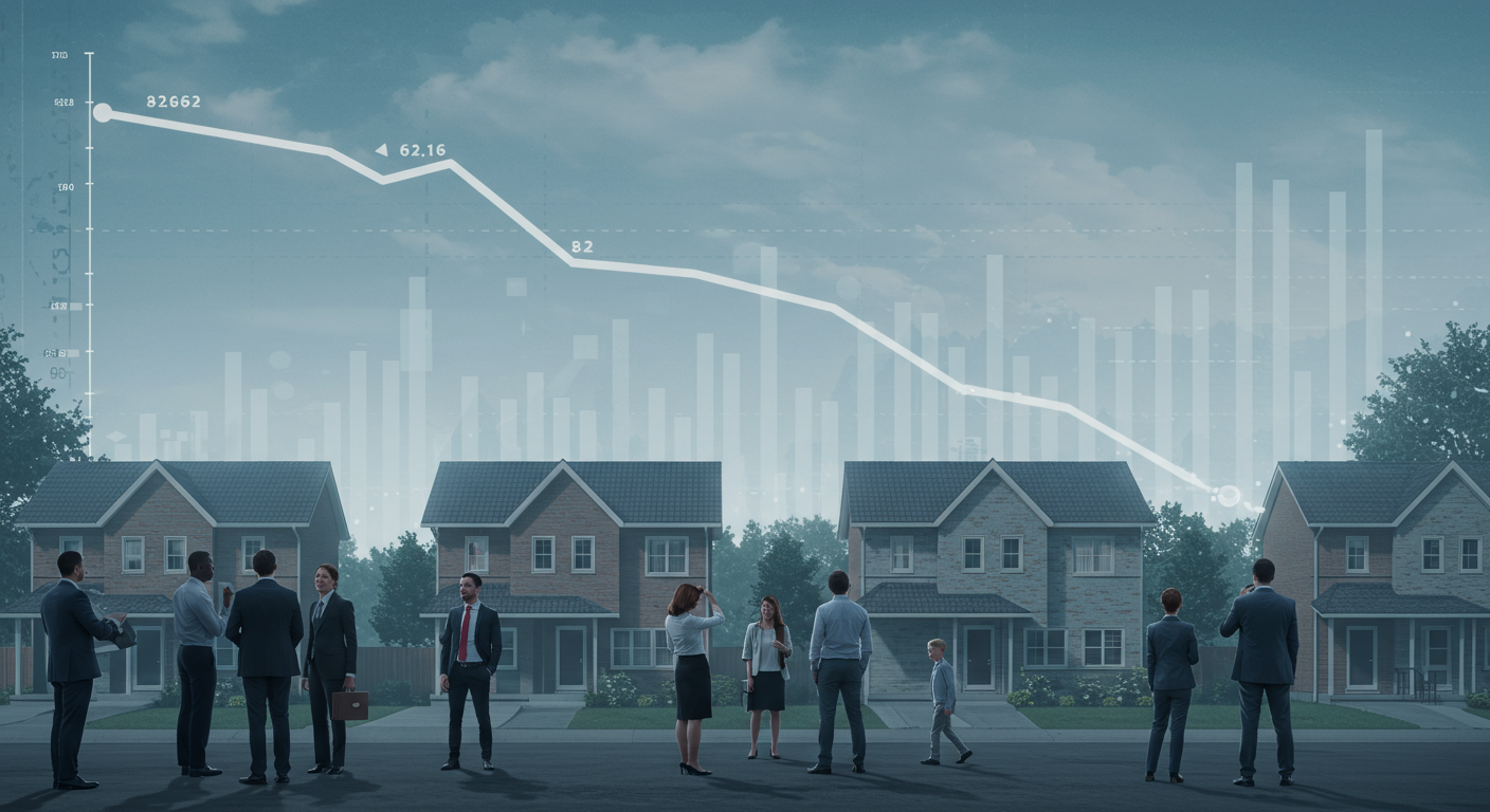 Real estate market graphic with a declining trend line above houses and people.