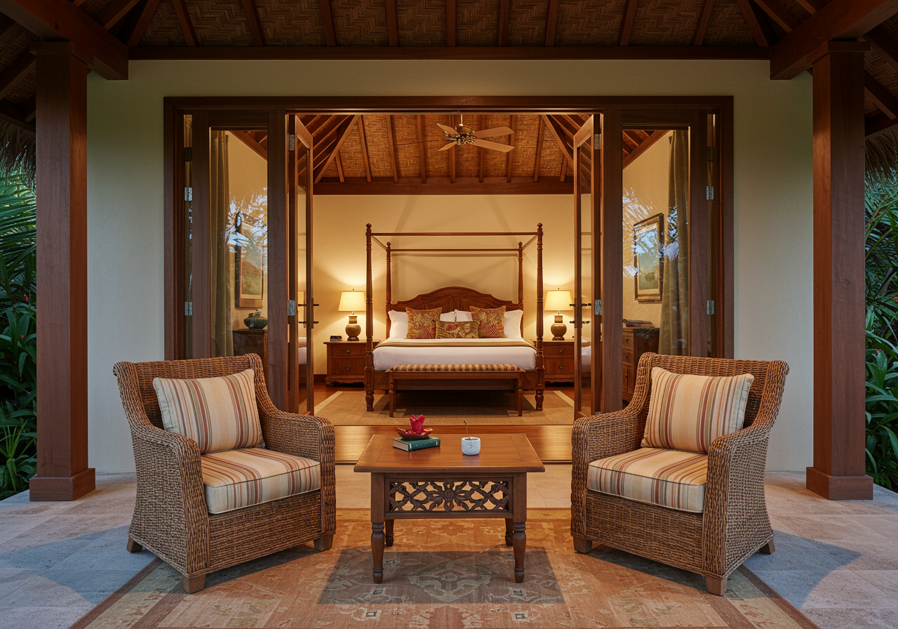 master bedroom at Balinese-style estate in Launiupoko maui