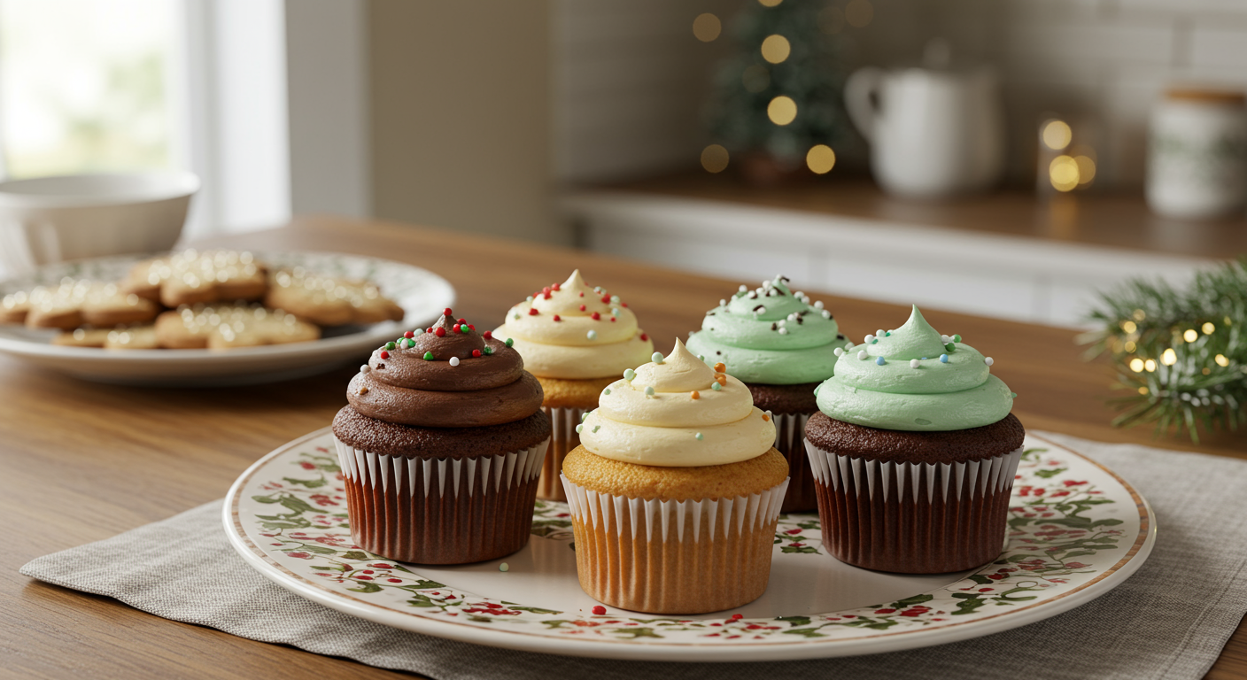 Frosted cupcakes on a floral platter, with cookies and a Christmas tree behind them.