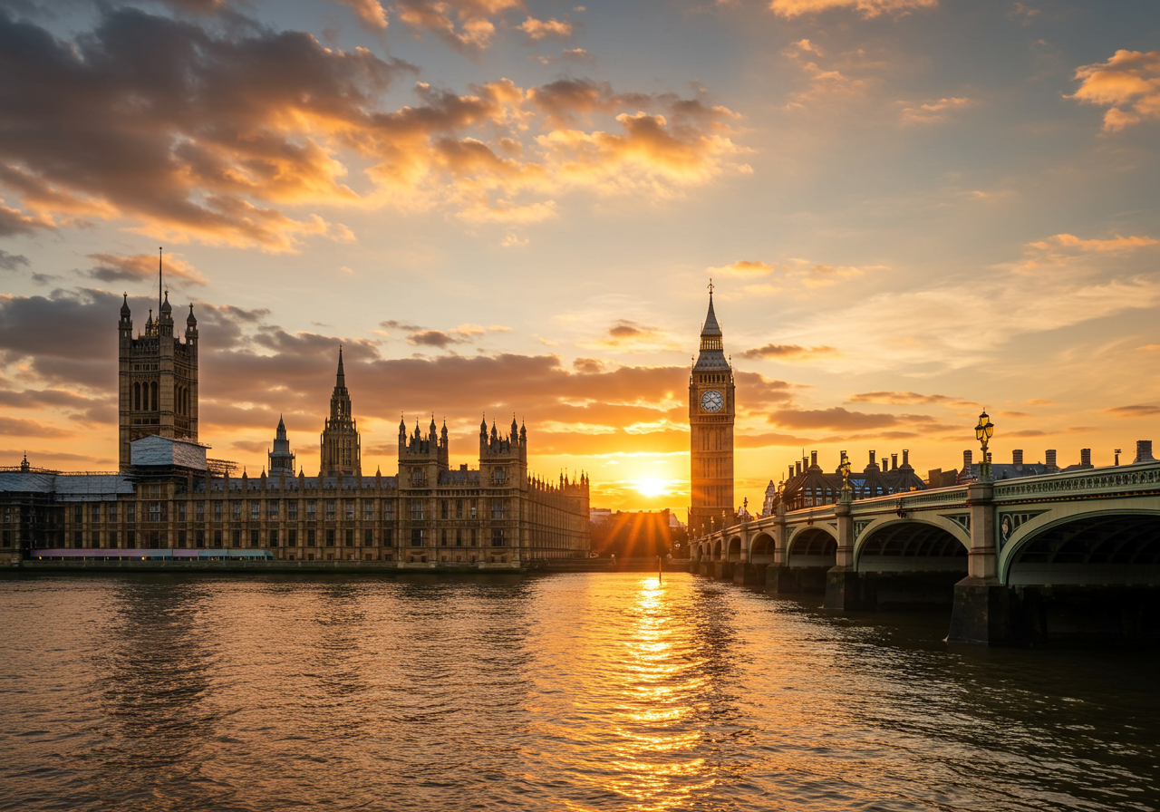 Big Ben and Westminster Bridge at sunset