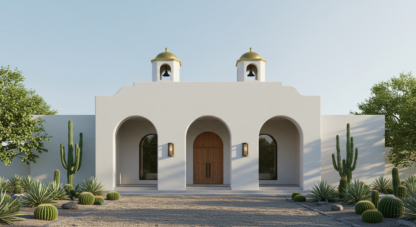 White stucco building with arched entryways, twin bell towers, and a cactus-filled courtyard.