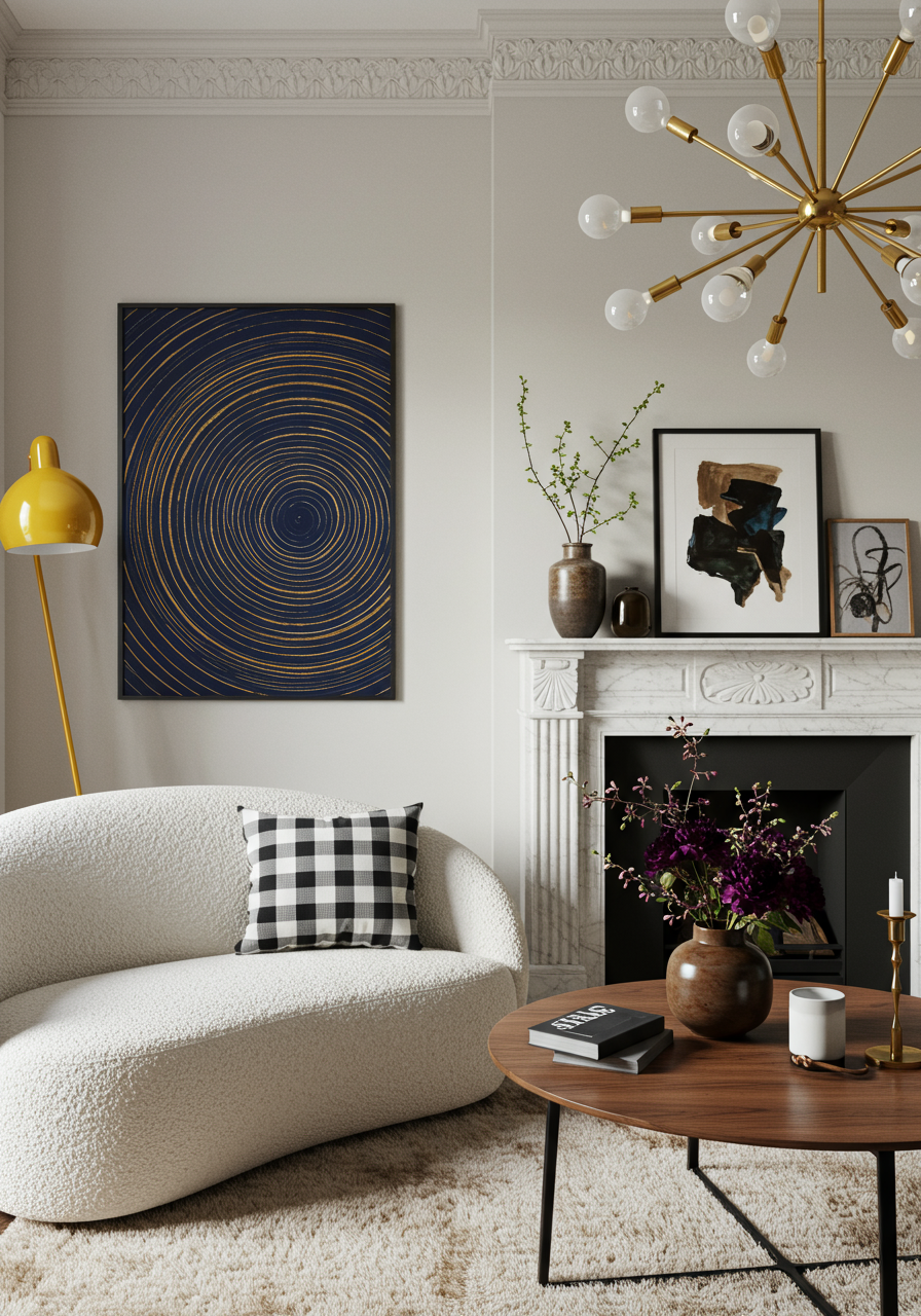 a living room of a Brooklyn home with a stately fireplace and abstract artwork