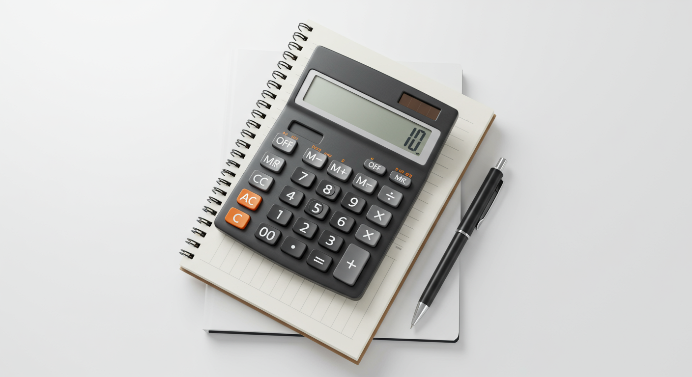 Calculator on a lined notebook beside a black pen.